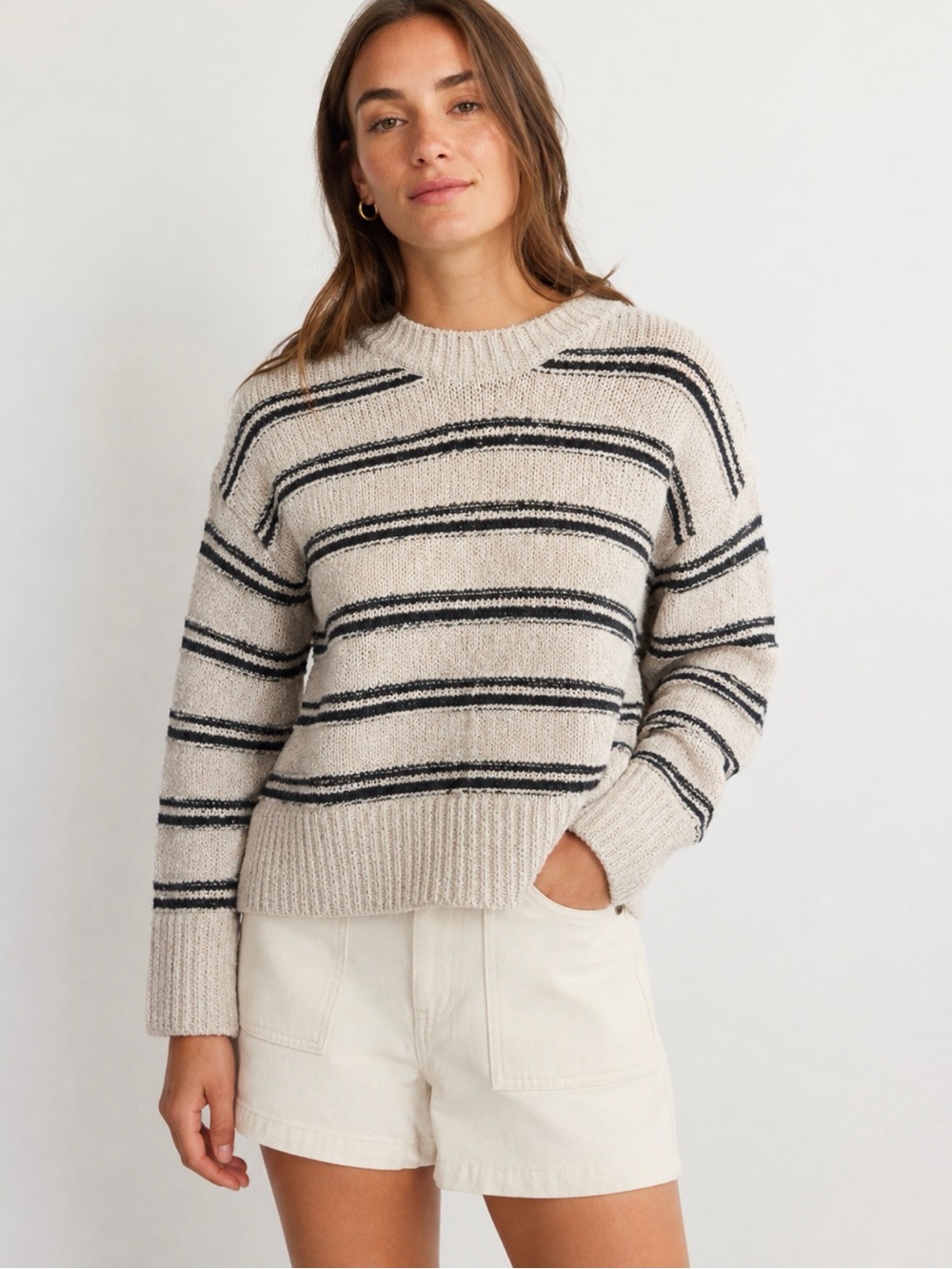Madewell Beige Crewneck Sweater with Black Stripes